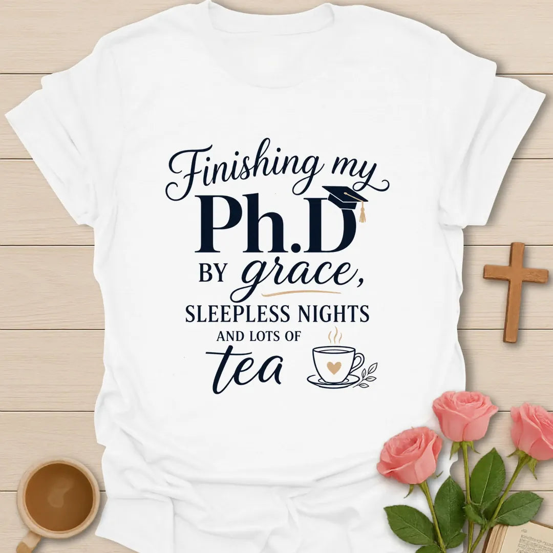 PhD By Grace shirt with large navy PhD lettering, graduation cap, script grace text, sleepless nights phrase, and teacup illustration. - White