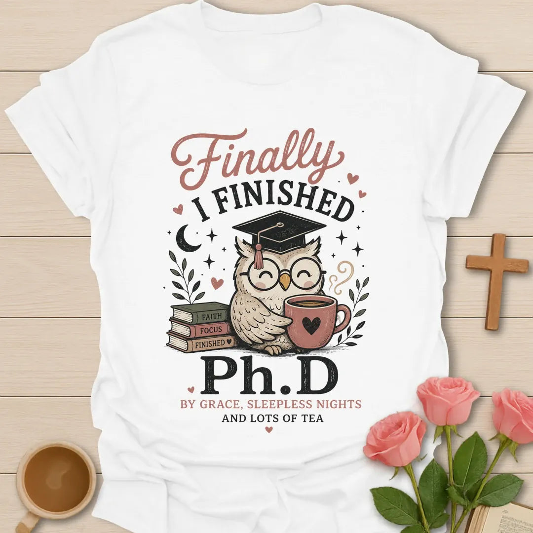 Ph.D and Lots of Tea shirt with graduation cap, teacup, and faith-inspired typography. - White