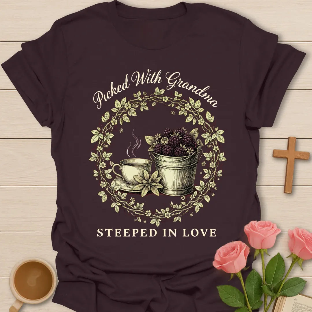 Picked With GrandMa shirt with berry picking design and warm vintage lettering. - Dark Chocolate