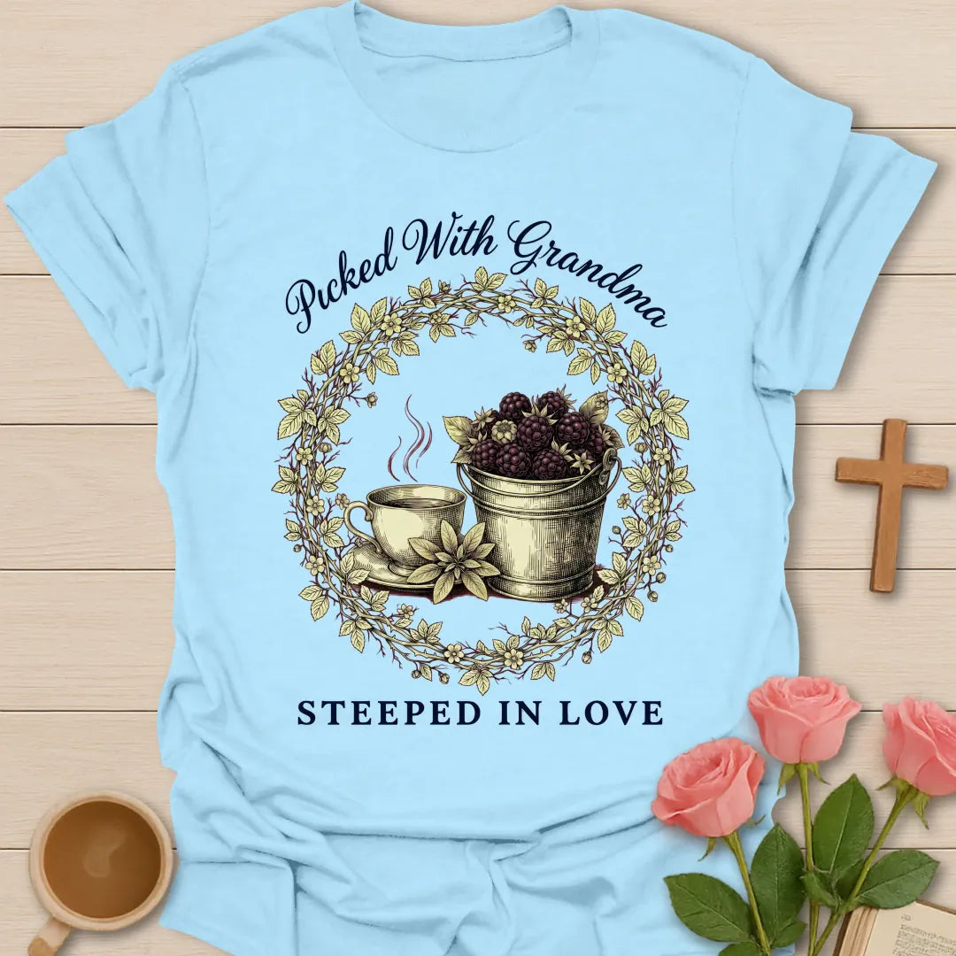 Picked With GrandMa shirt with berry picking design and warm vintage lettering. - Light Blue