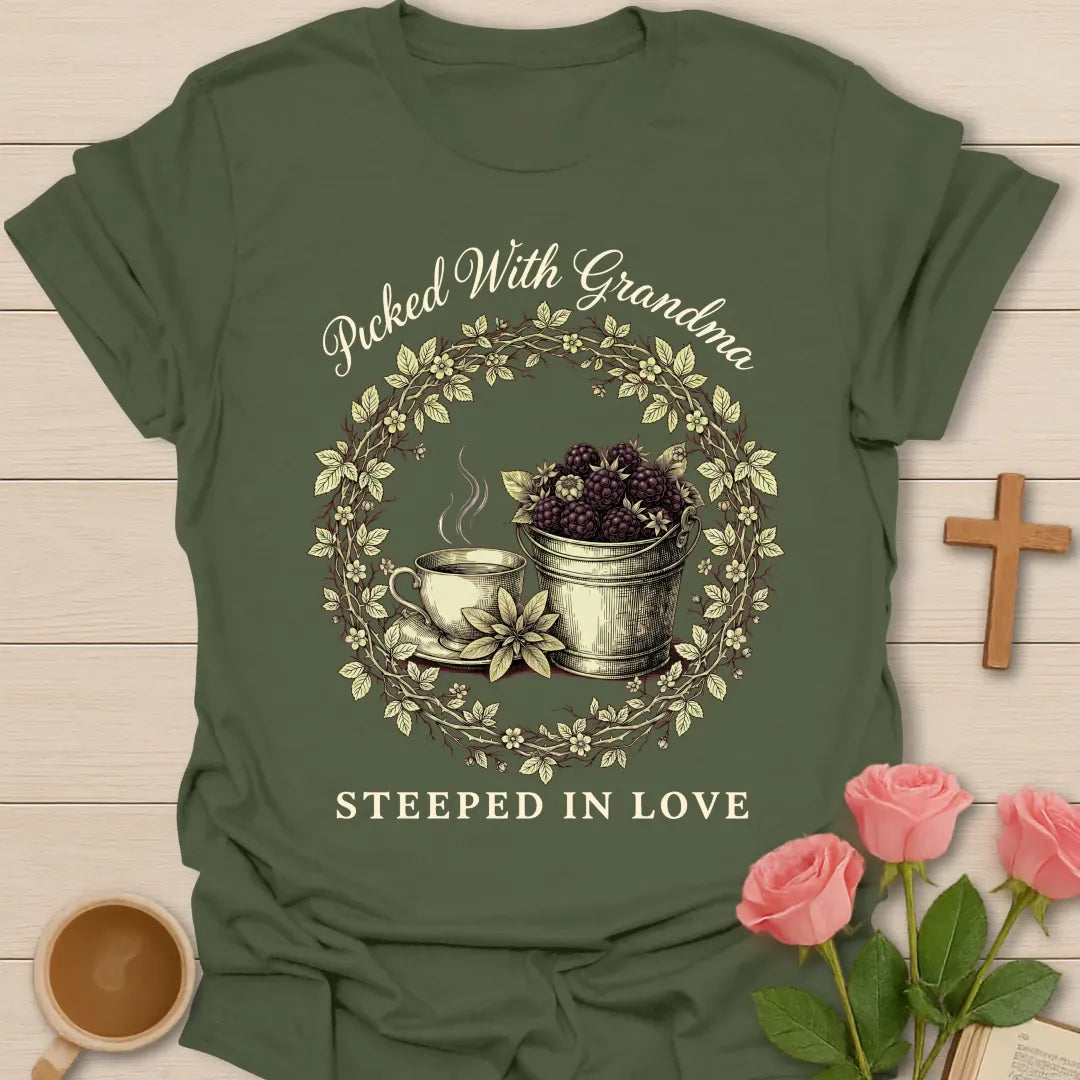 Picked With GrandMa shirt with berry picking design and warm vintage lettering. - Military Green