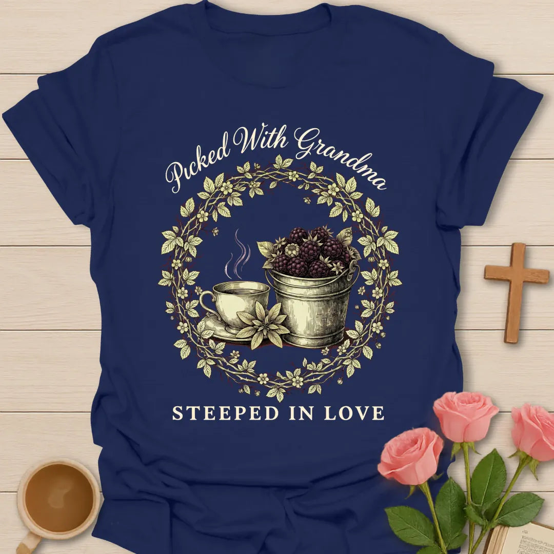 Picked With GrandMa shirt with berry picking design and warm vintage lettering. - Navy