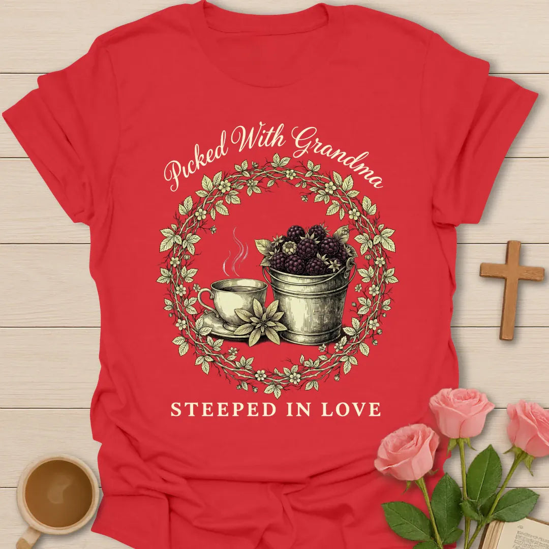 Picked With GrandMa shirt with berry picking design and warm vintage lettering. - Red