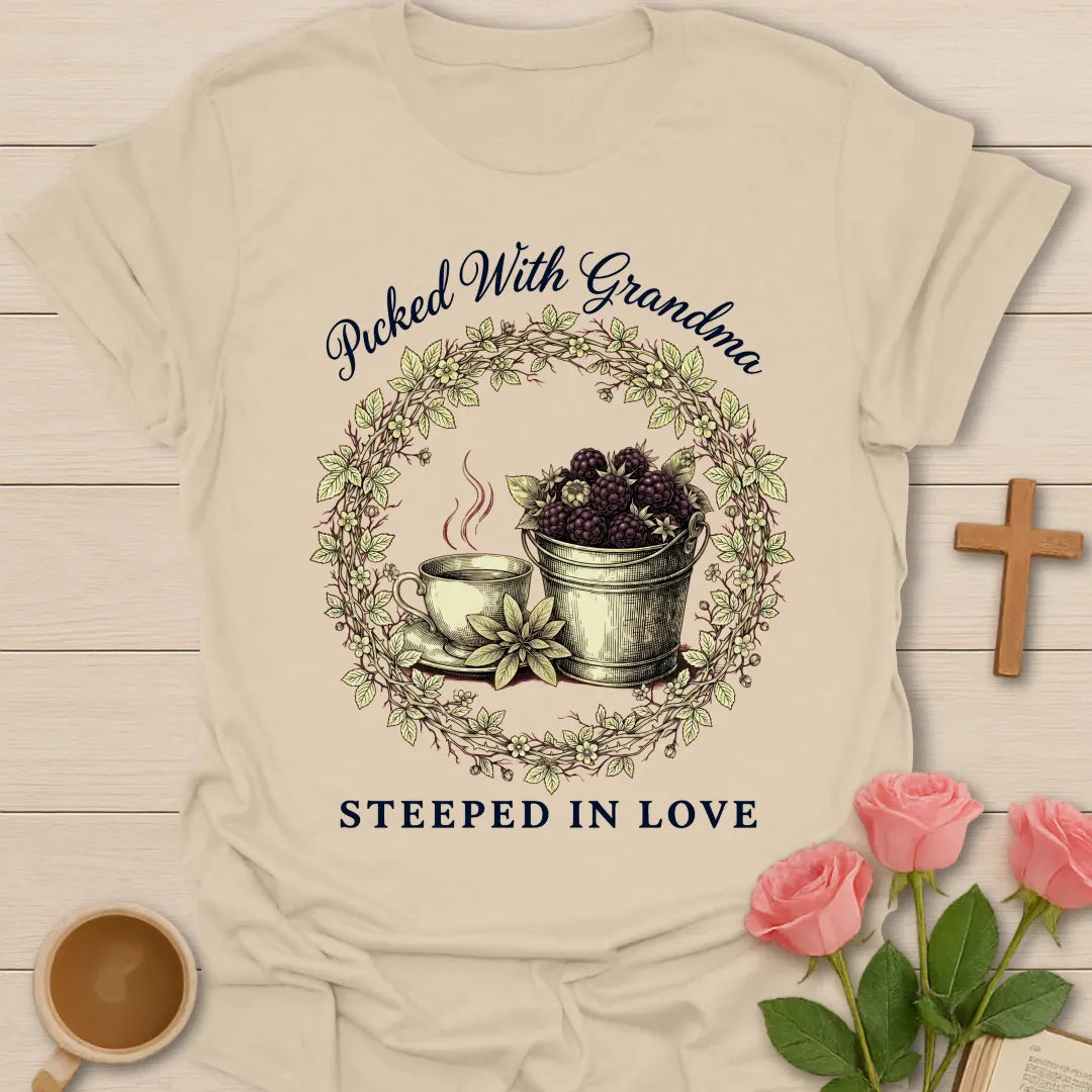 Picked With GrandMa shirt with berry picking design and warm vintage lettering. - Sand
