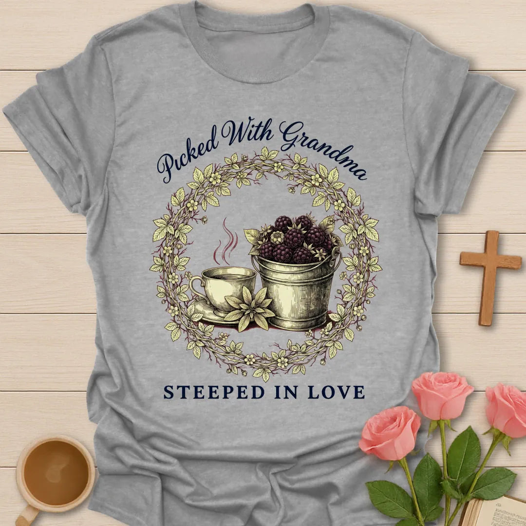 Picked With GrandMa shirt with berry picking design and warm vintage lettering. - Sport Grey