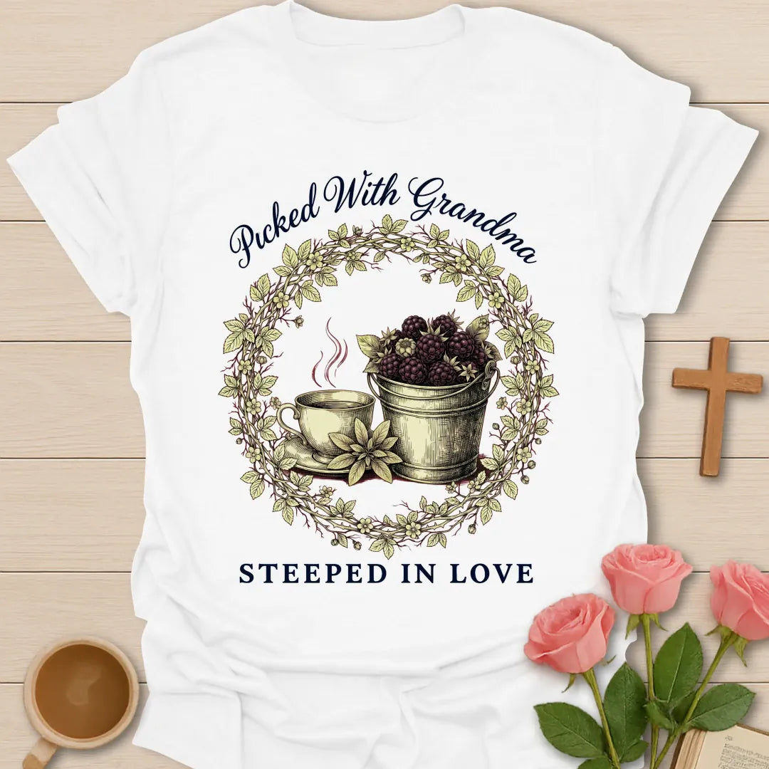 Picked With GrandMa shirt with berry picking design and warm vintage lettering. - White