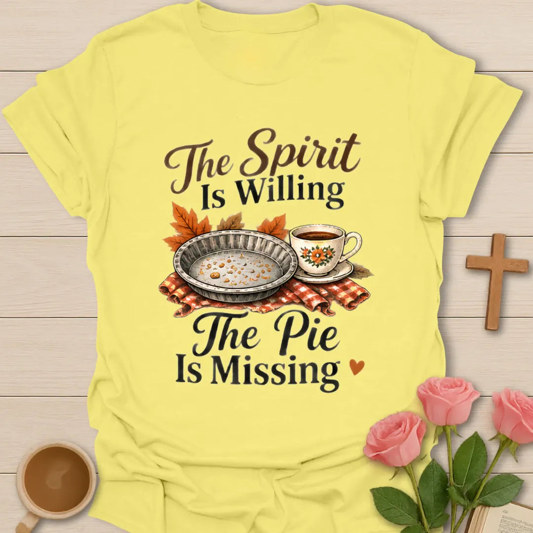 Pie Is Missing shirt with playful lettering and a faith-inspired Thanksgiving design. - Cornsilk