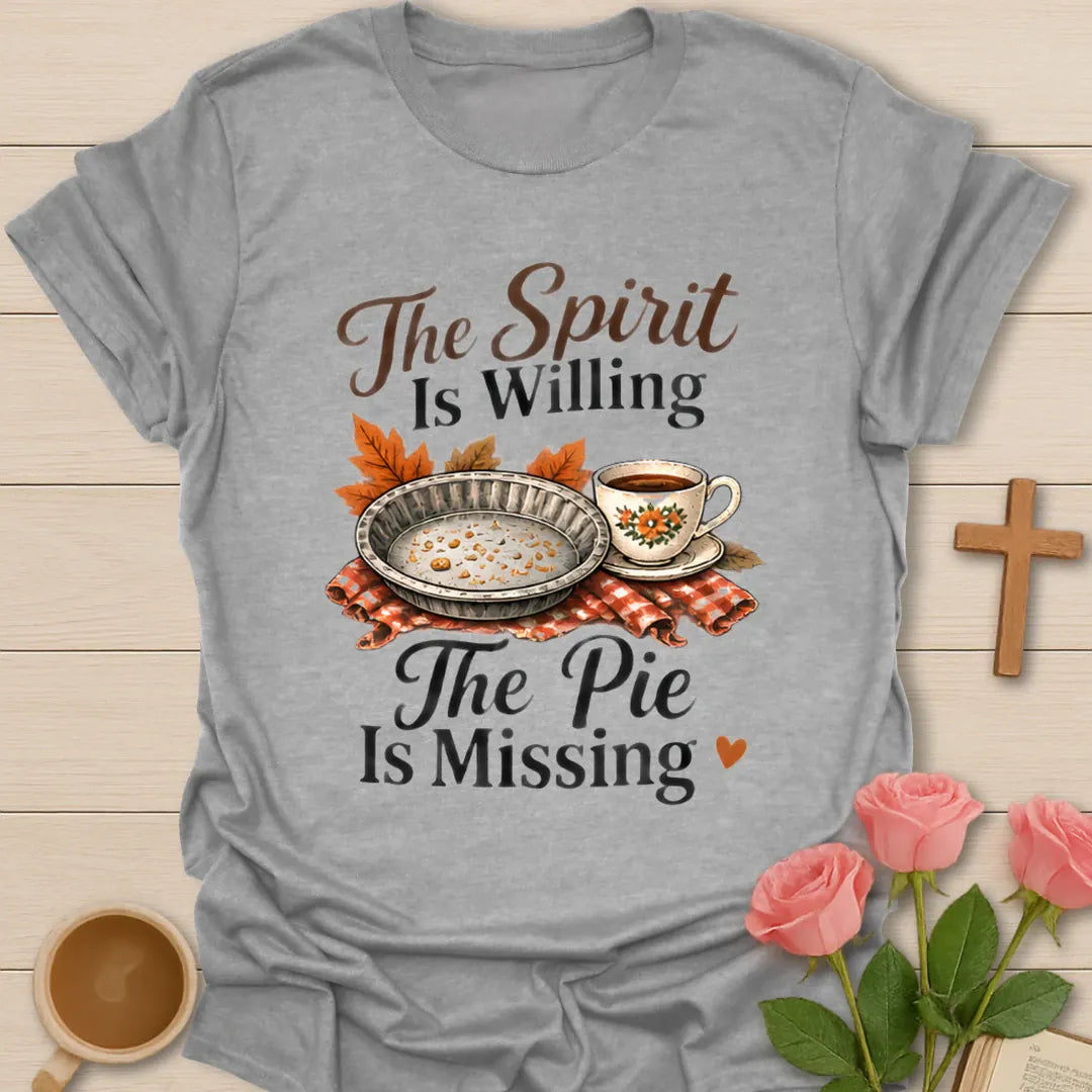 Pie Is Missing shirt with playful lettering and a faith-inspired Thanksgiving design. - Sport Grey