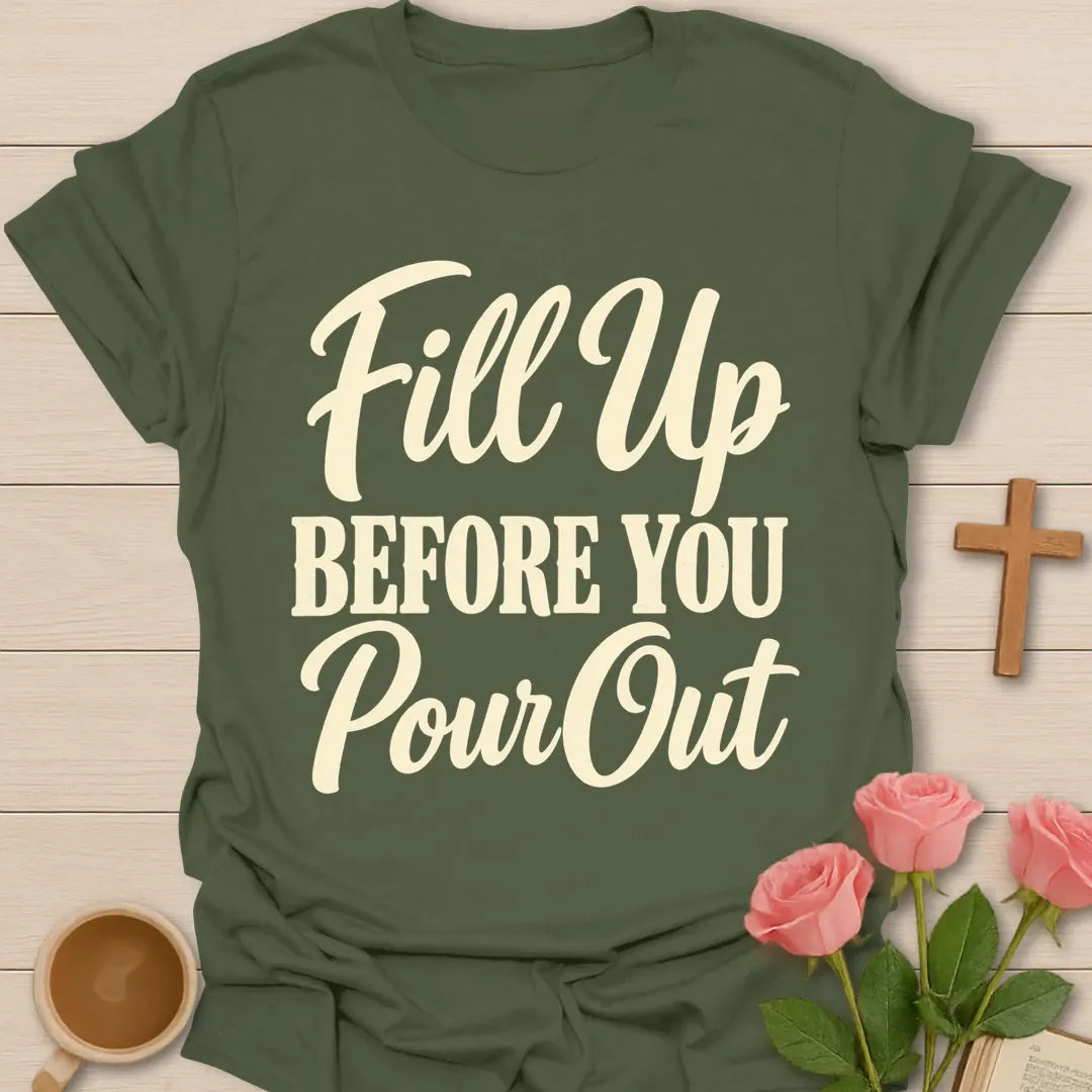 Pour Out t-shirt with teapot pouring lettering and faith-inspired design - Military Green
