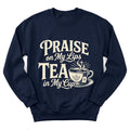 Praise On My Lips sweatshirt with teacup and Scripture lettering - Navy