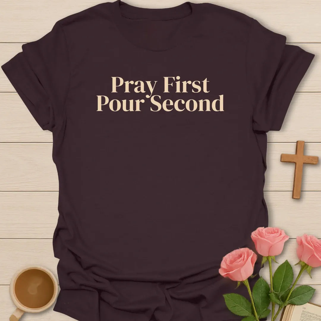 Pray First Pour Second Faith shirt with steaming teacup, cross, and cream vintage lettering. - Dark Chocolate