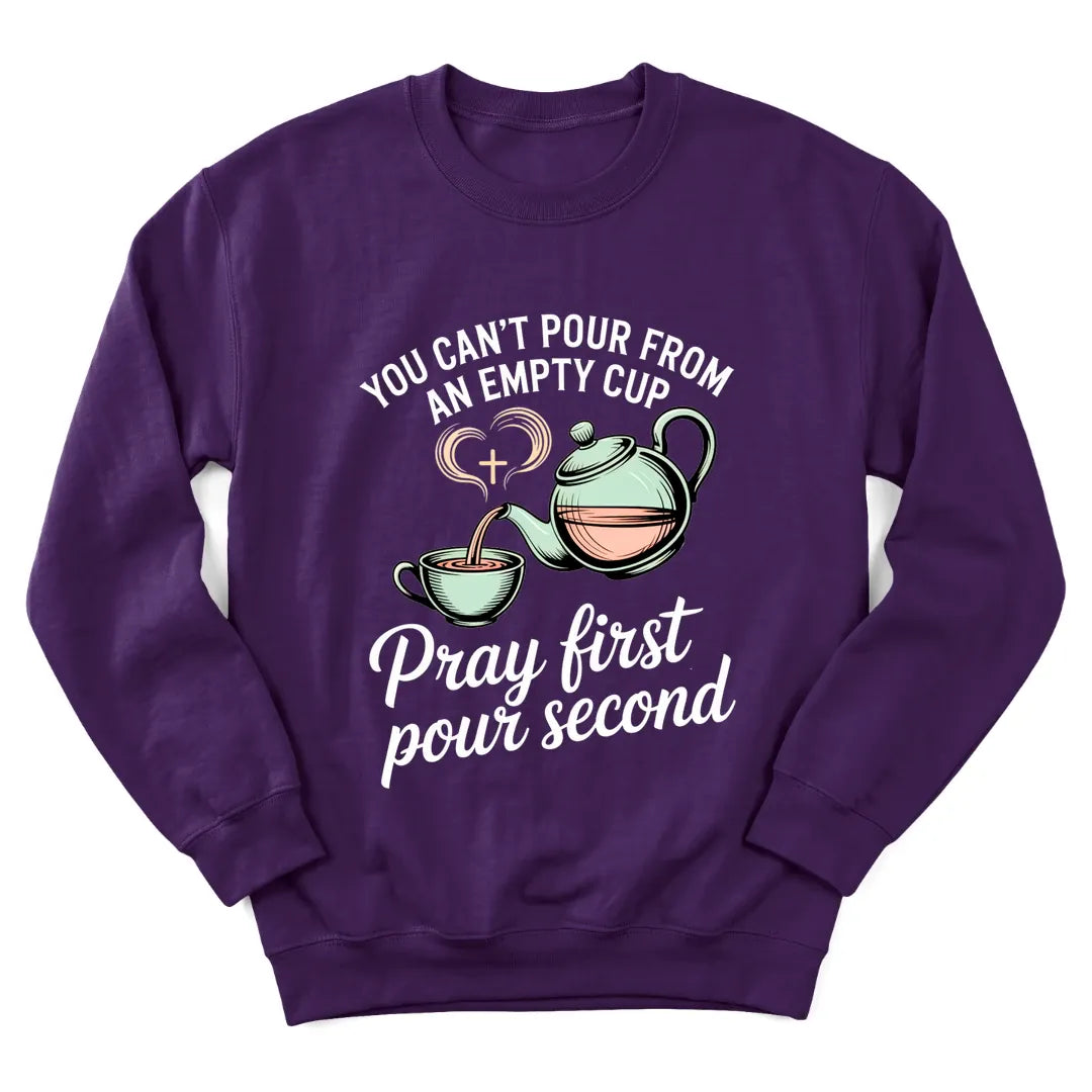 Pray First Pour Second sweatshirt with teapot, teacup and morning prayer lettering - Purple