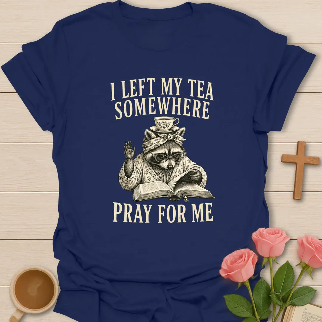 Pray For Me shirt with teacup, cross, and cream vintage lettering. - Navy
