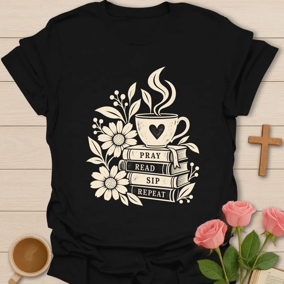 Pray Read Sip Repeat Christian tea shirt with teacup, Bible, and faith-inspired lettering. - Black