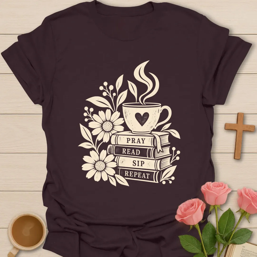 Pray Read Sip Repeat Christian tea shirt with teacup, Bible, and faith-inspired lettering. - Dark Chocolate