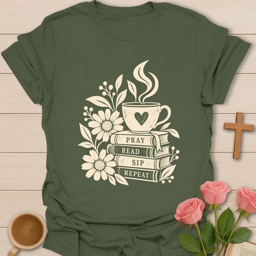 Pray Read Sip Repeat Christian tea shirt with teacup, Bible, and faith-inspired lettering. - Military Green