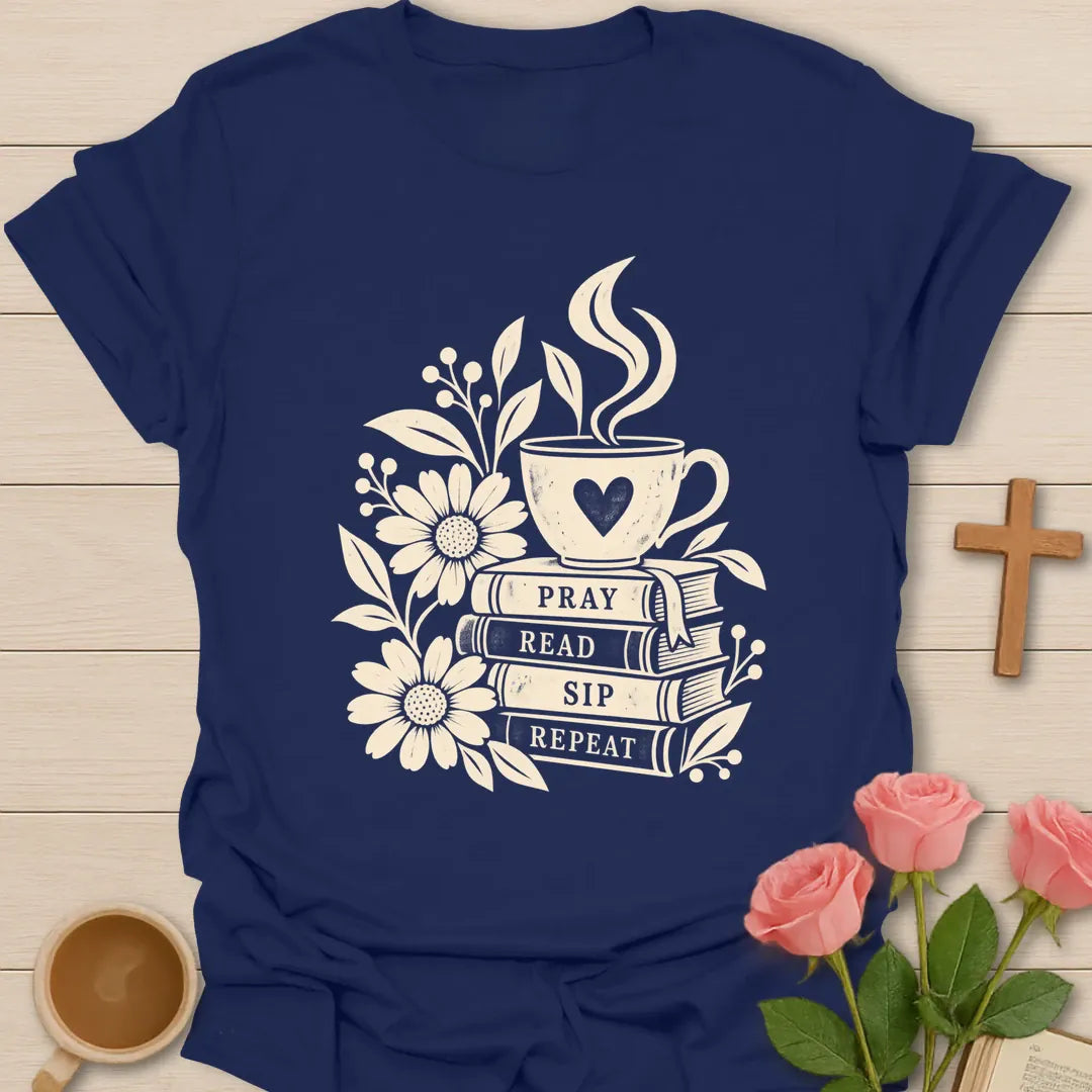 Pray Read Sip Repeat Christian tea shirt with teacup, Bible, and faith-inspired lettering. - Navy
