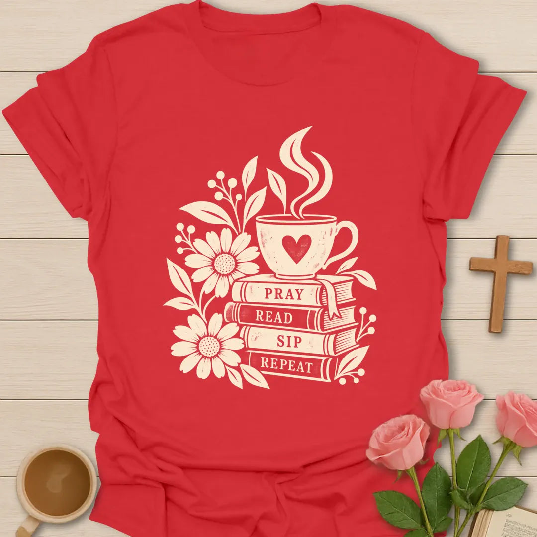 Pray Read Sip Repeat Christian tea shirt with teacup, Bible, and faith-inspired lettering. - Red