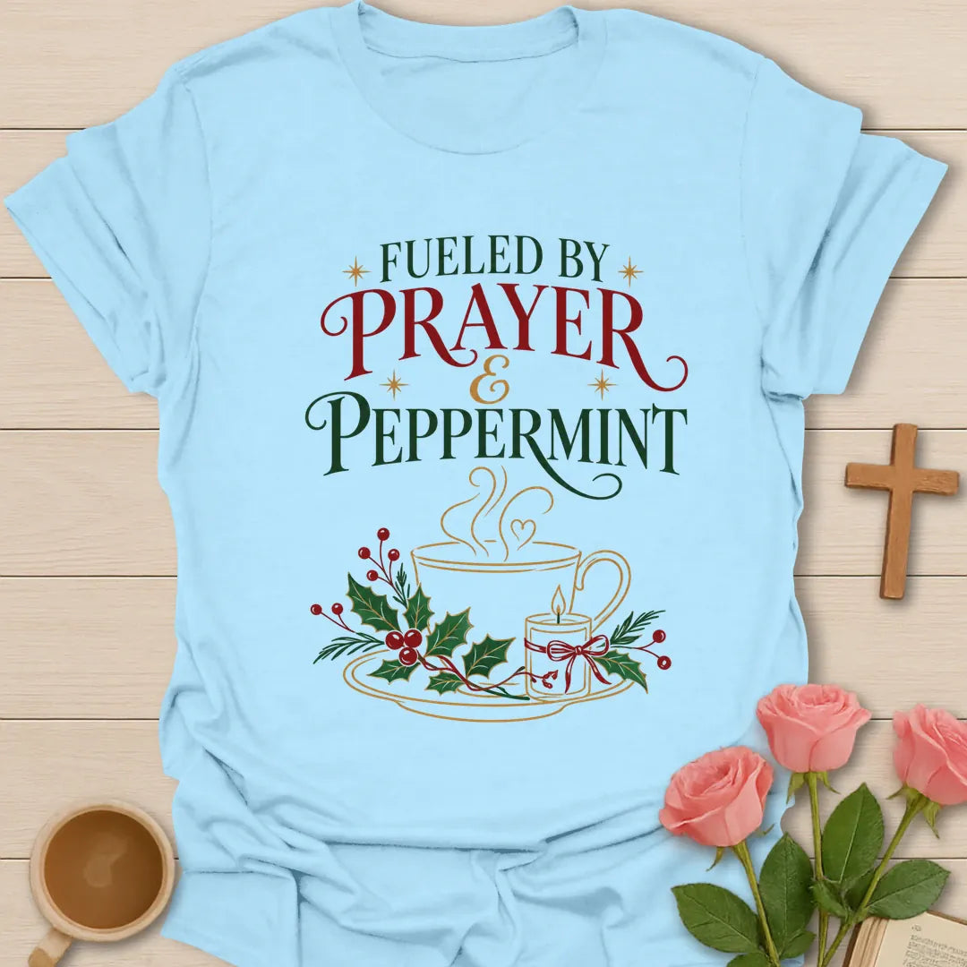 Prayer & Peppermint Christian t-shirt with tea-inspired lettering and faith design - Light Blue
