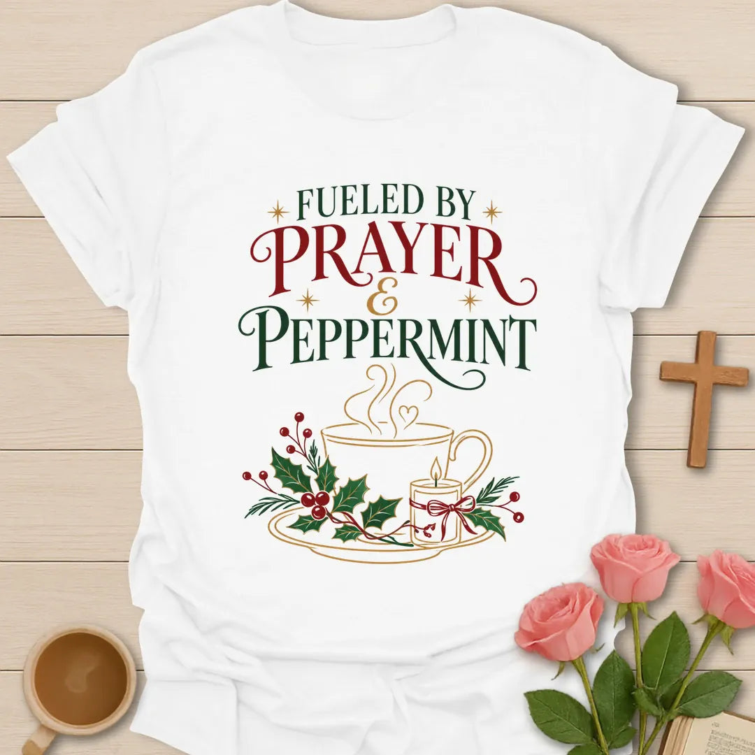 Prayer & Peppermint Christian t-shirt with tea-inspired lettering and faith design - White