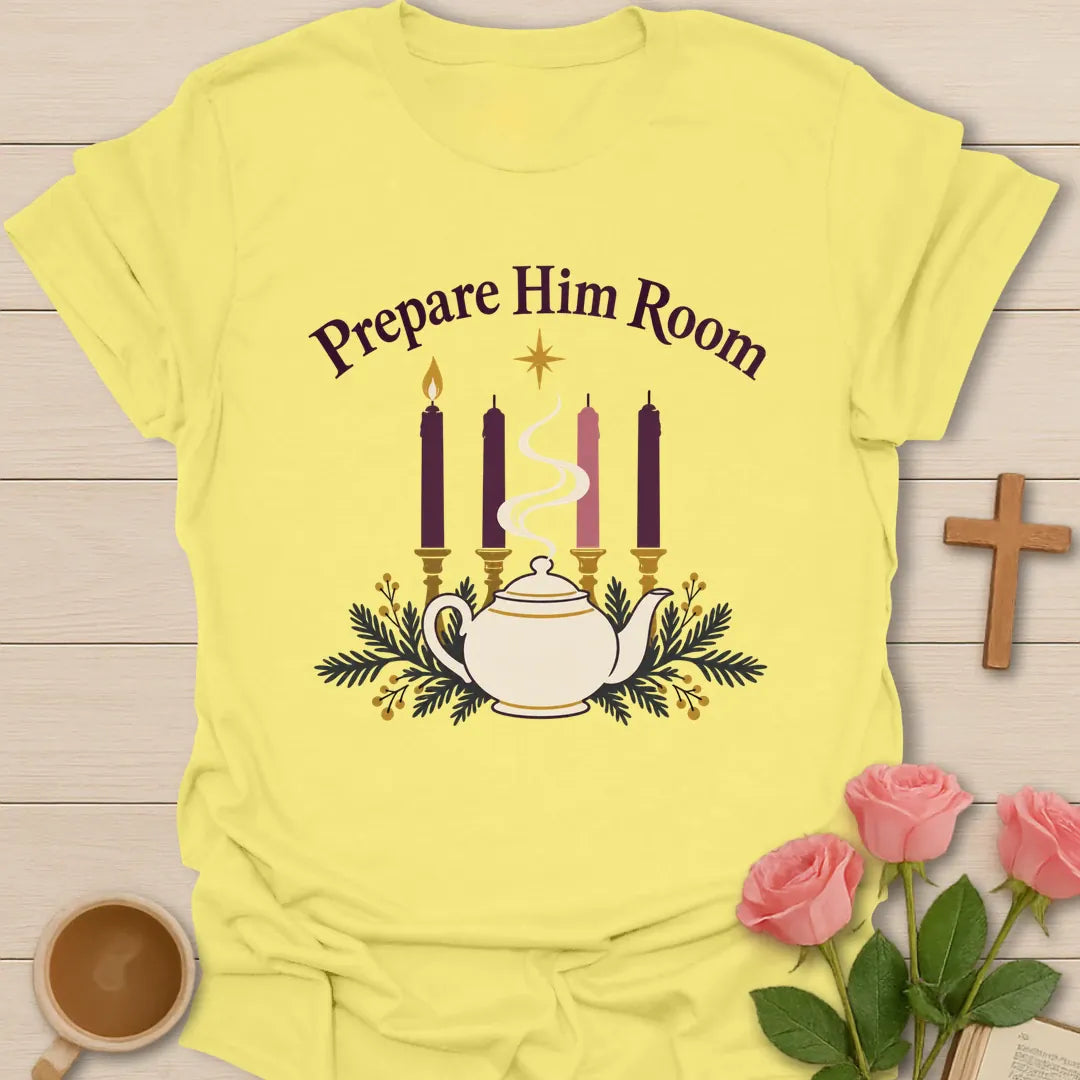 Prepare Him Room Christian Christmas t-shirt with festive faith-inspired lettering - Cornsilk