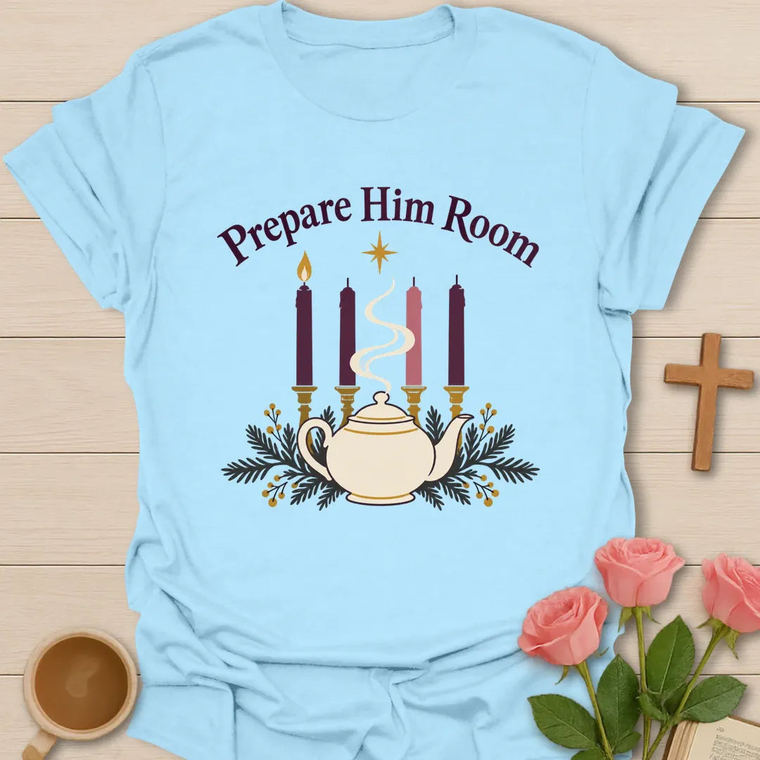 Prepare Him Room Christian Christmas t-shirt with festive faith-inspired lettering - Light Blue