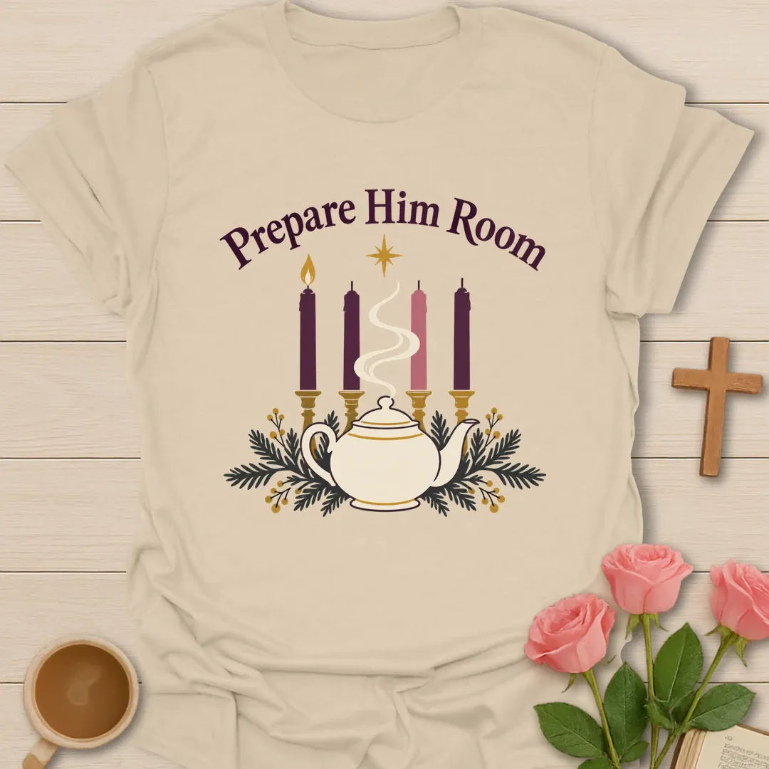 Prepare Him Room Christian Christmas t-shirt with festive faith-inspired lettering - Sand