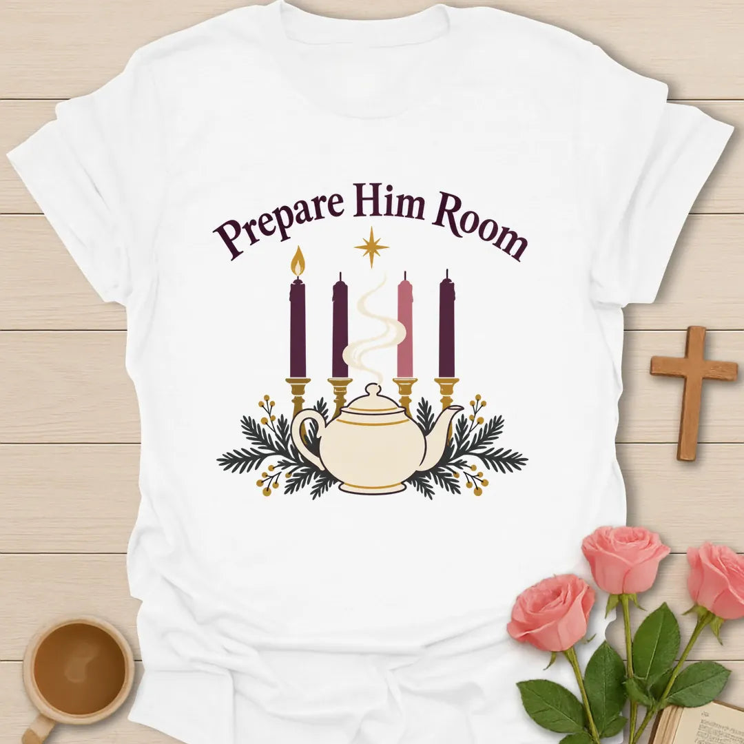 Prepare Him Room Christian Christmas t-shirt with festive faith-inspired lettering - White