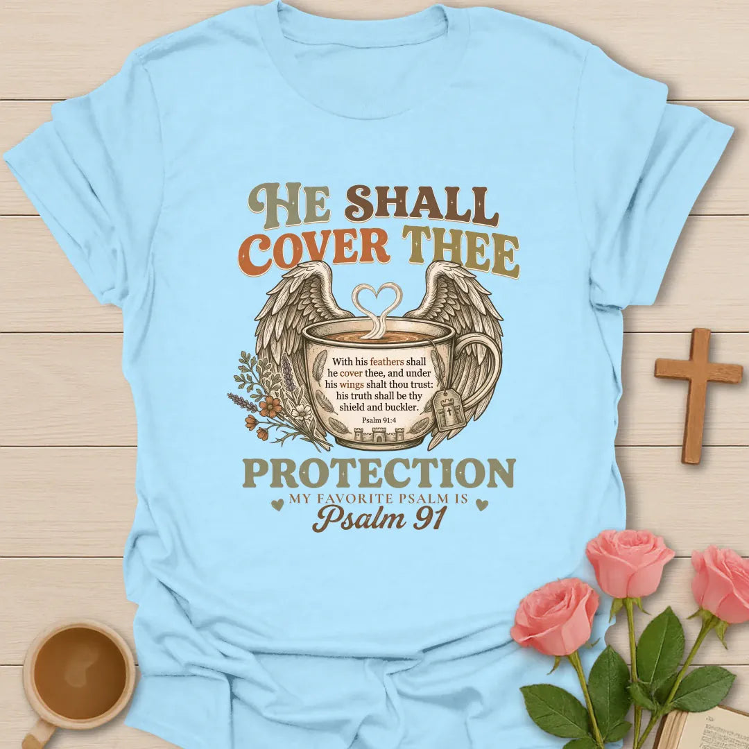 Protection Psalm 91 shirt with wings, cross, and cream vintage lettering. - Light Blue