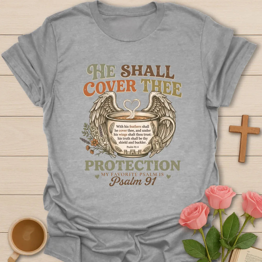Protection Psalm 91 shirt with wings, cross, and cream vintage lettering. - Sport Grey