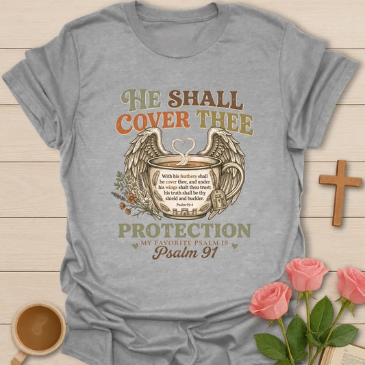 Protection Psalm 91 shirt with wings, cross, and cream vintage lettering. - Sport Grey