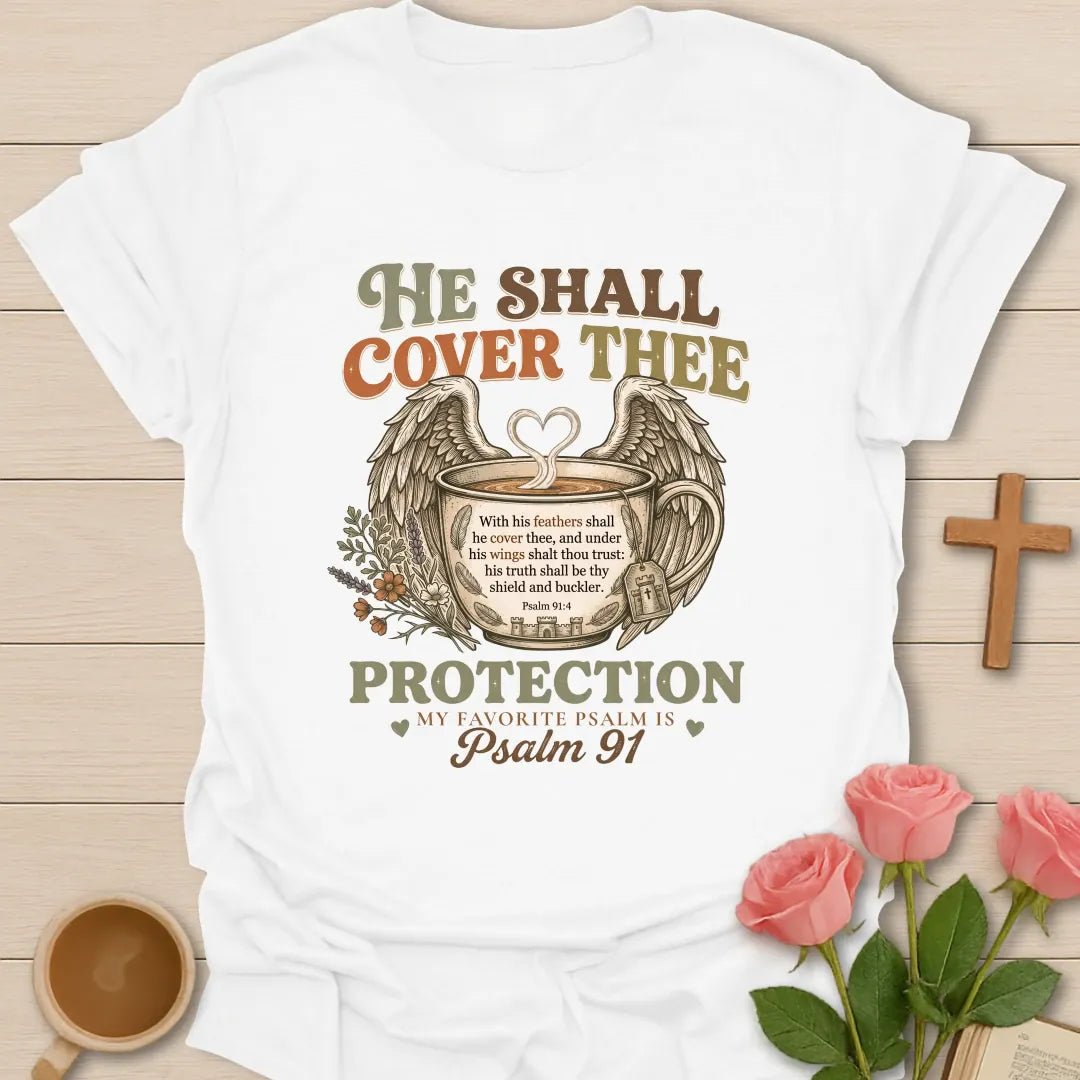 Protection Psalm 91 shirt with wings, cross, and cream vintage lettering. - White