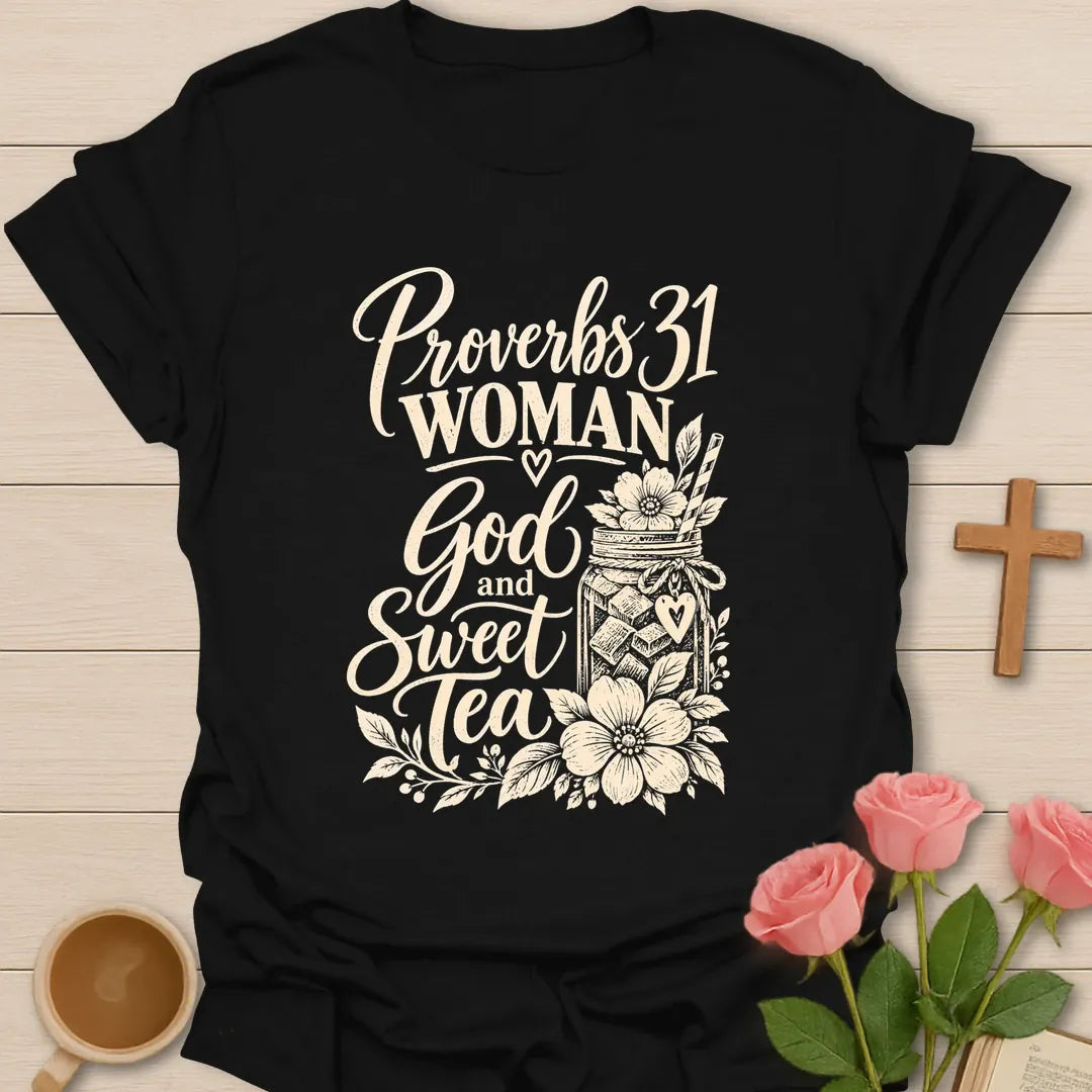 Proverbs 31 Woman Christian shirt with Scripture and faith-inspired design. - Black