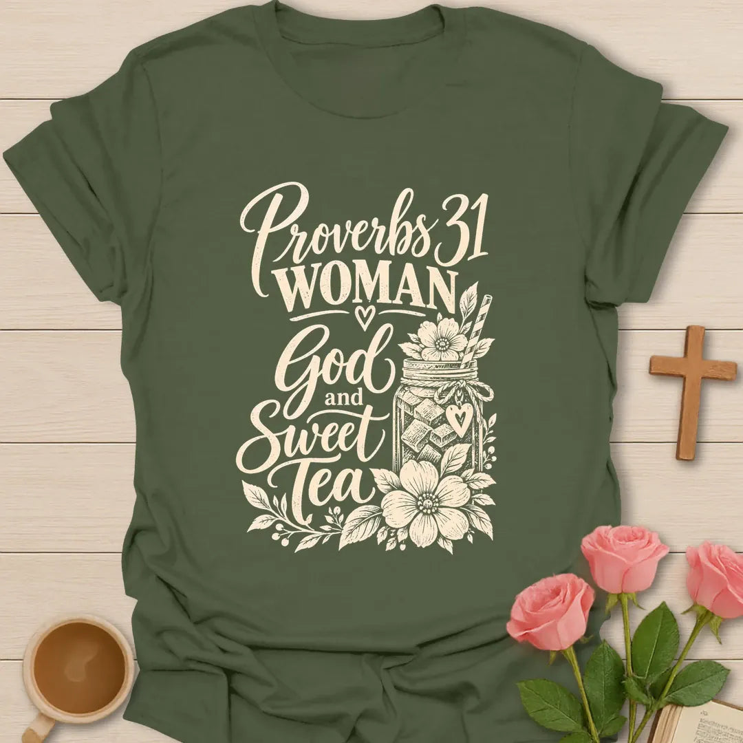 Proverbs 31 Woman Christian shirt with Scripture and faith-inspired design. - Military Green