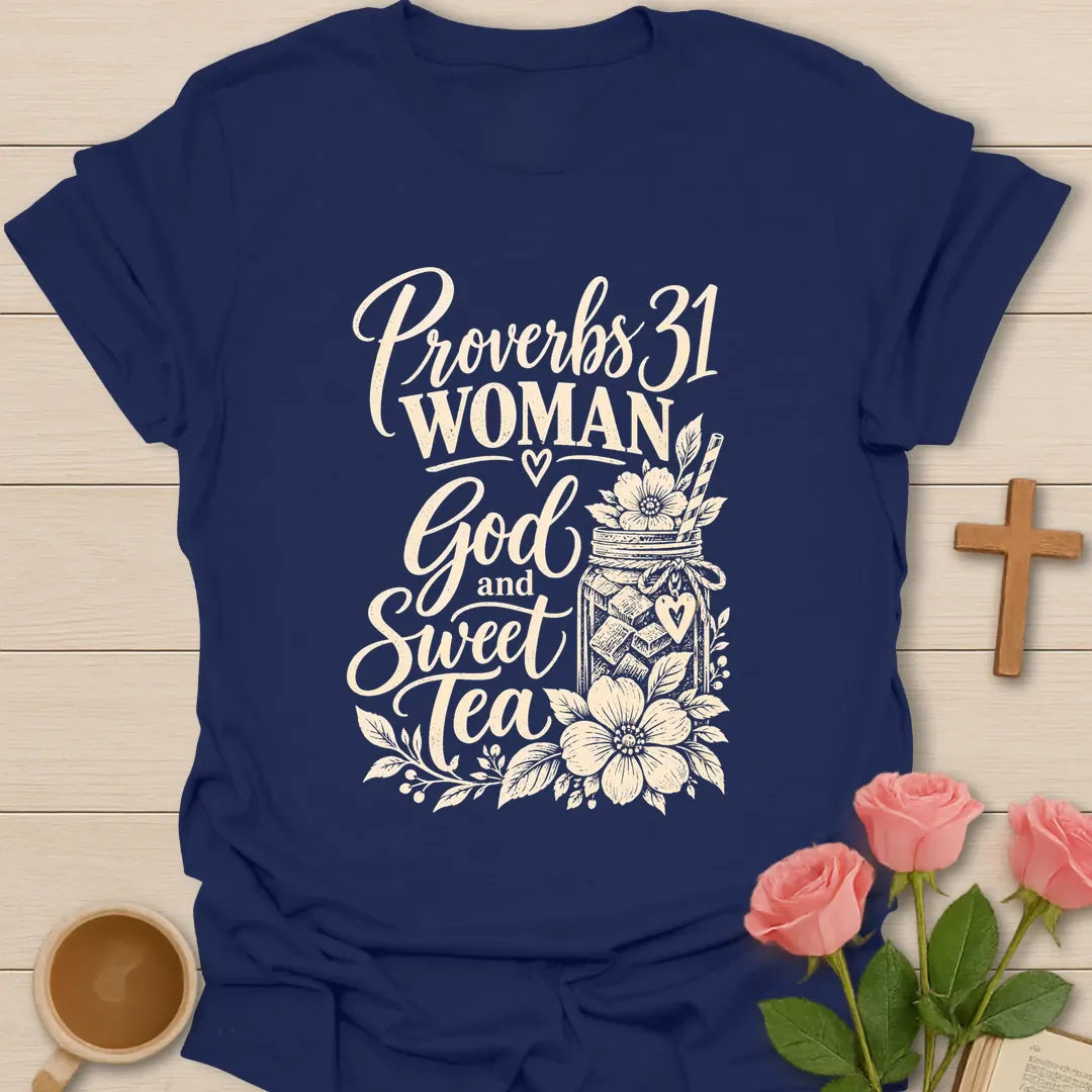 Proverbs 31 Woman Christian shirt with Scripture and faith-inspired design. - Navy