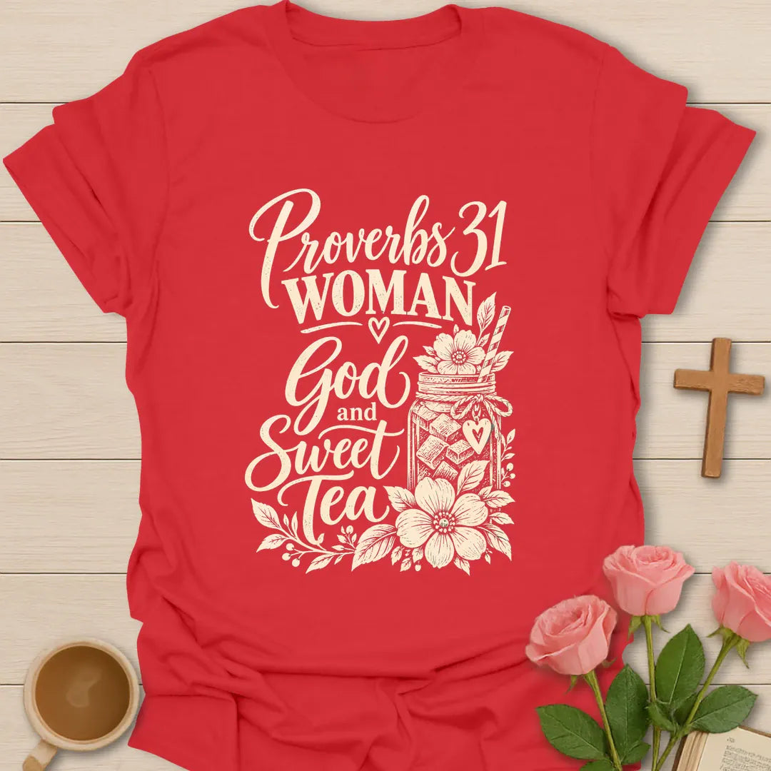 Proverbs 31 Woman Christian shirt with Scripture and faith-inspired design. - Red