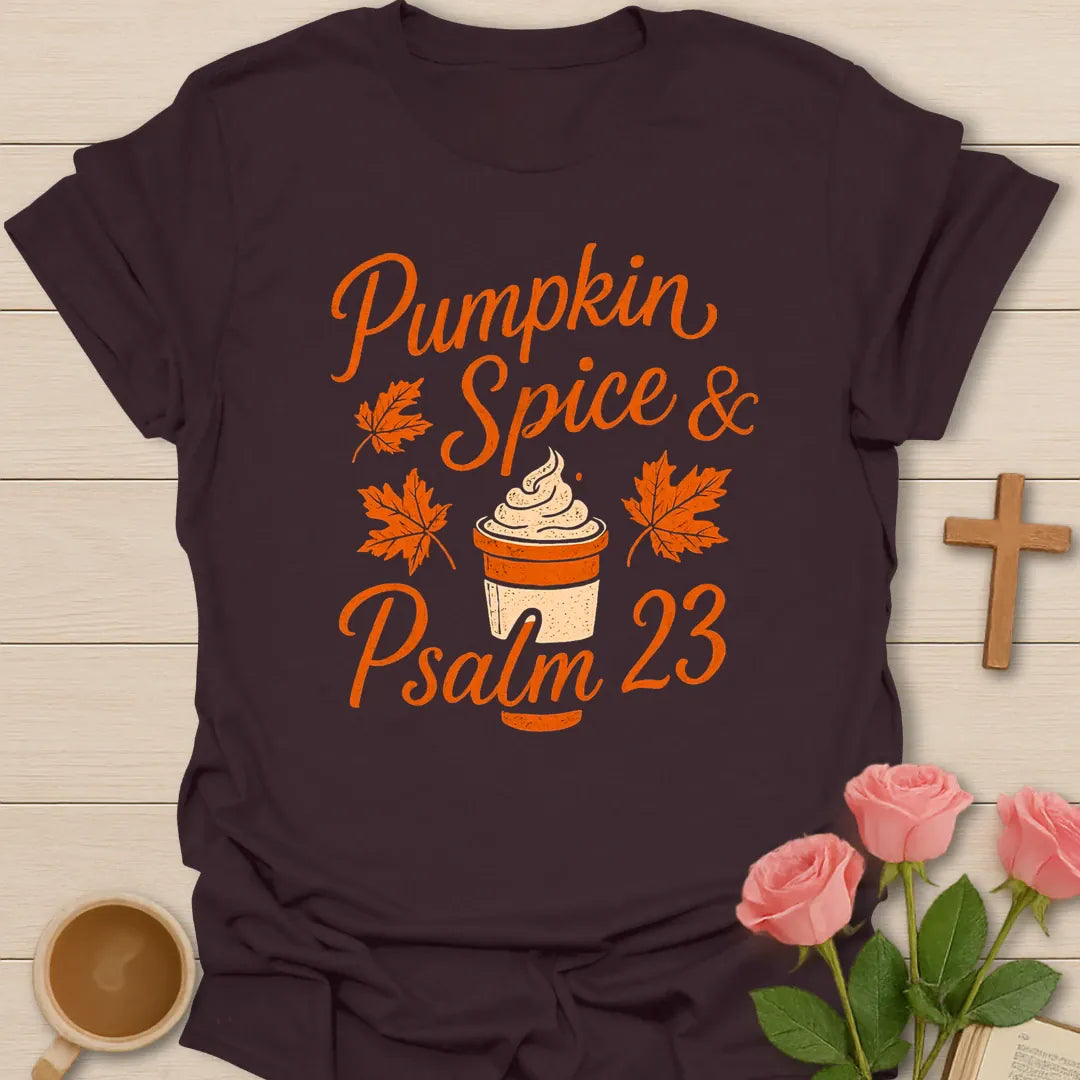 Pumpkin Spice Latte and Psalm 23 shirt with pumpkin, coffee cup, cross, and fall vintage lettering. - Dark Chocolate