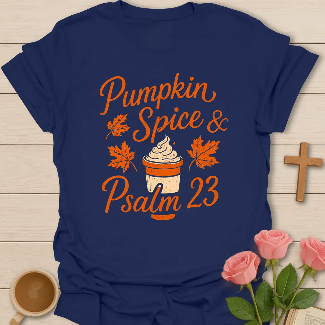 Pumpkin Spice Latte and Psalm 23 shirt with pumpkin, coffee cup, cross, and fall vintage lettering. - Navy