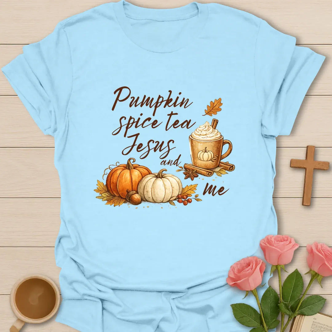 Pumpkin Spice Tea Jesus and Me shirt with pumpkin, teacup, cross, and fall lettering. - Light Blue