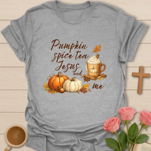Pumpkin Spice Tea Jesus and Me shirt with pumpkin, teacup, cross, and fall lettering. - Sport Grey