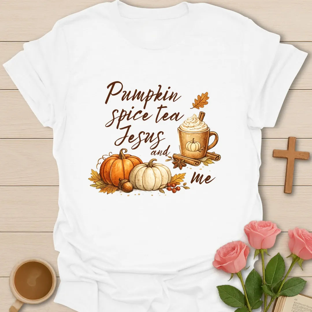 Pumpkin Spice Tea Jesus and Me shirt with pumpkin, teacup, cross, and fall lettering. - White