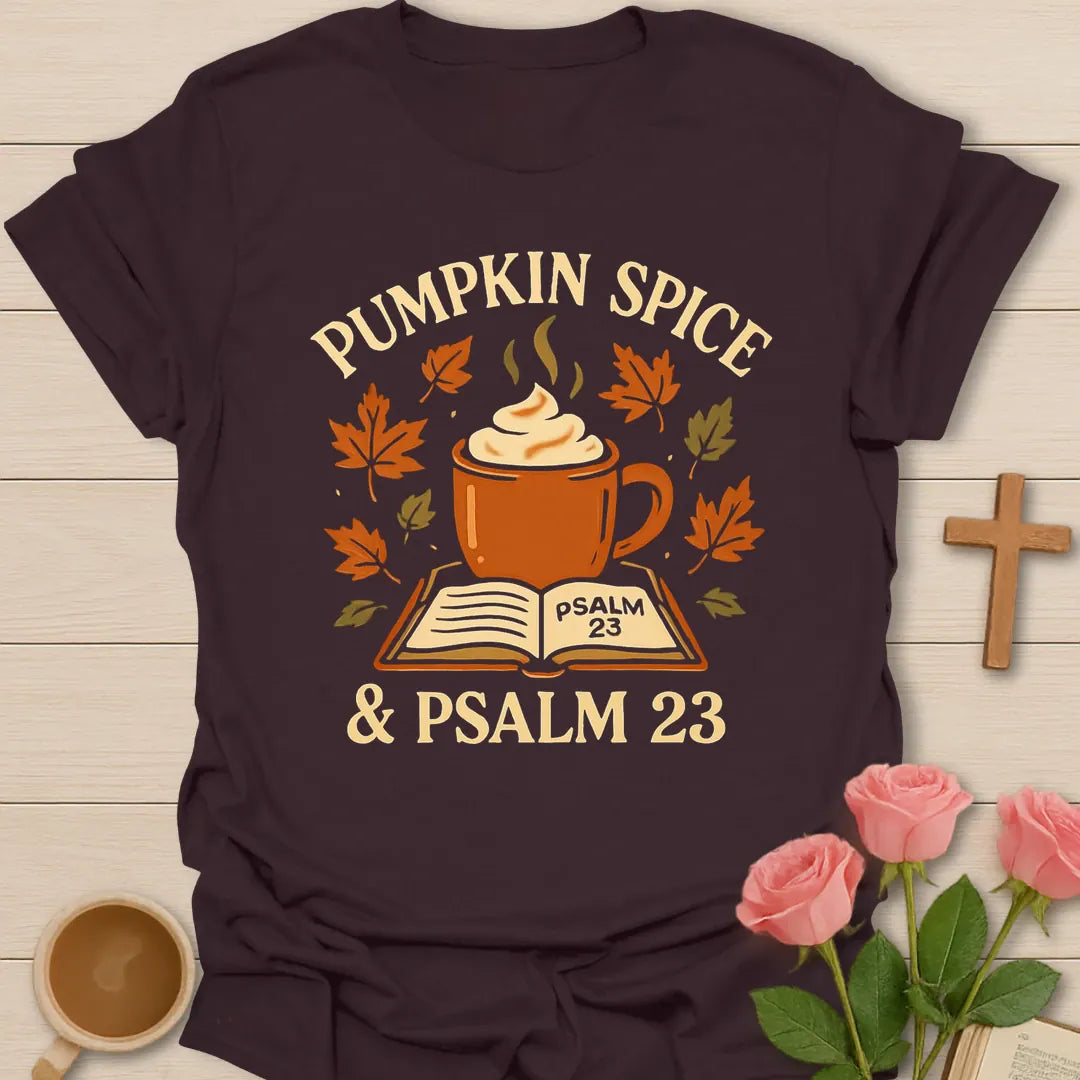 Pumpkin Spice Tea and Psalm 23 shirt with pumpkin, teacup, cross, and fall vintage lettering. - Dark Chocolate