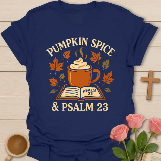 Pumpkin Spice Tea and Psalm 23 shirt with pumpkin, teacup, cross, and fall vintage lettering. - Navy