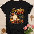 Pumpkin Spice fall Christian tea t-shirt with cozy autumn lettering and faith-inspired design. - Black
