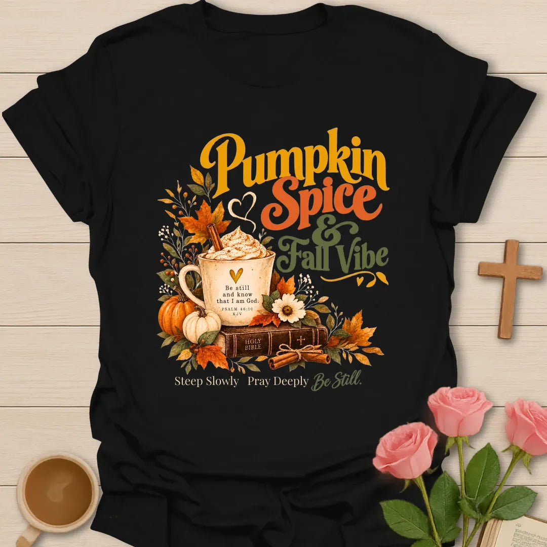 Pumpkin Spice fall Christian tea t-shirt with cozy autumn lettering and faith-inspired design. - Black