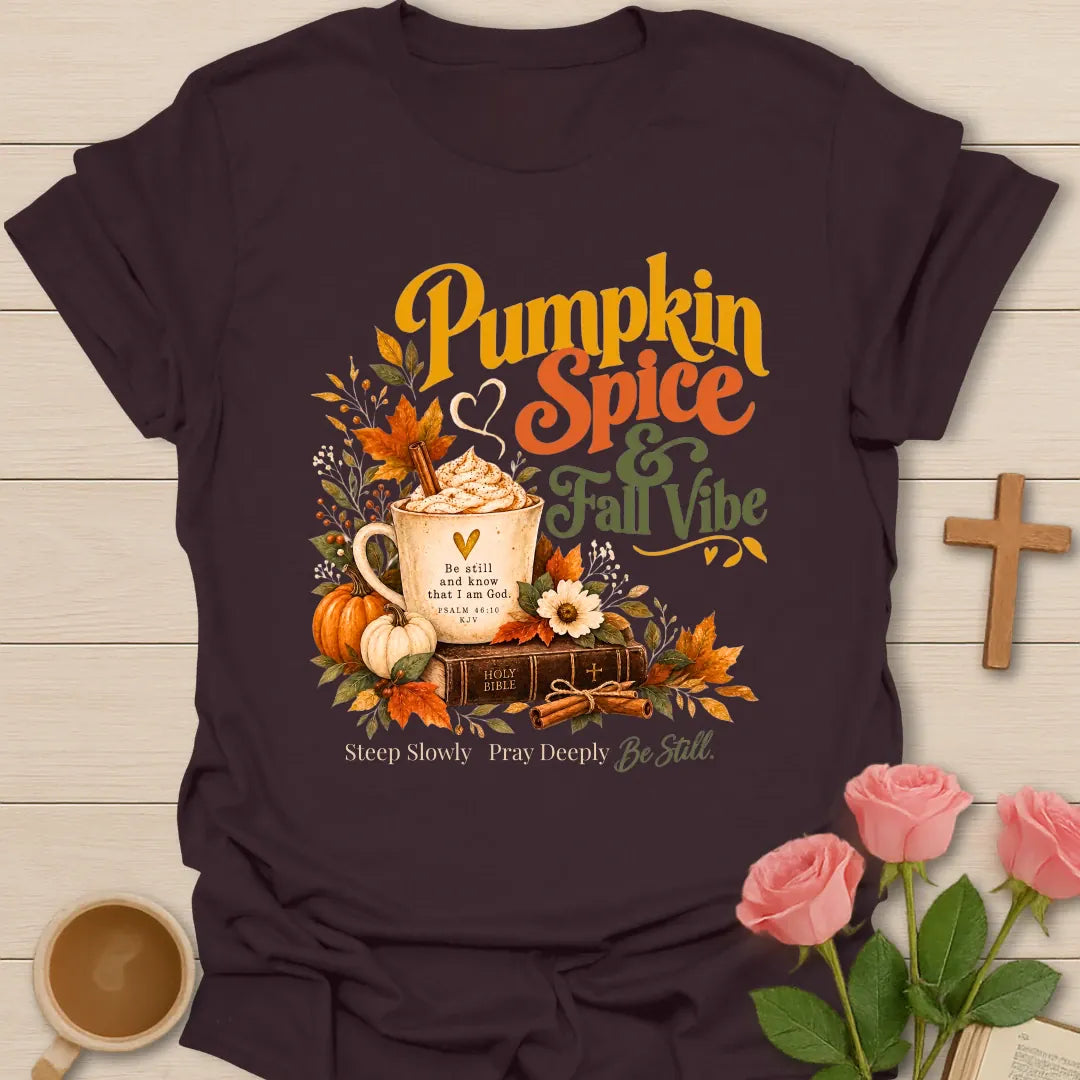Pumpkin Spice fall Christian tea t-shirt with cozy autumn lettering and faith-inspired design. - Dark Chocolate