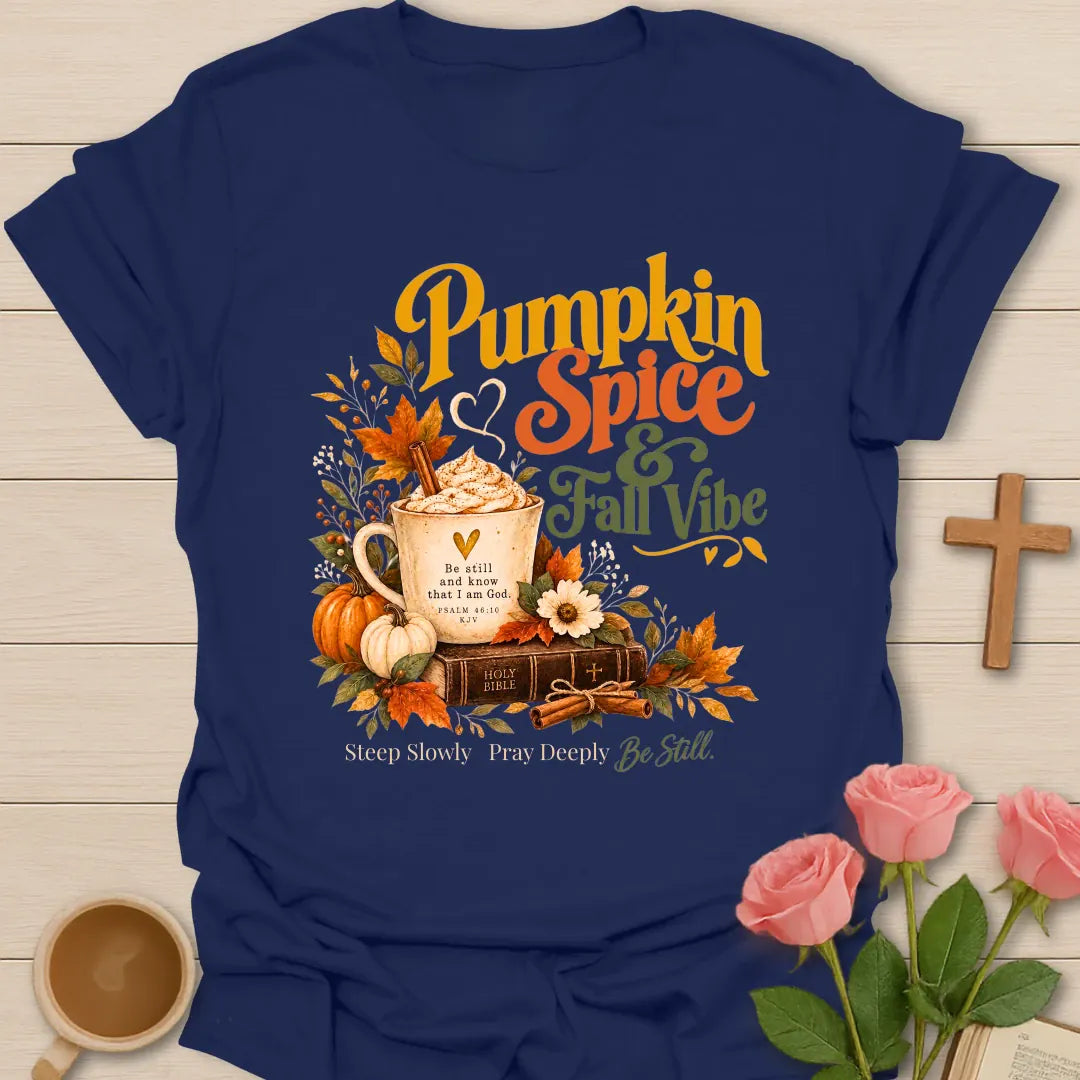 Pumpkin Spice fall Christian tea t-shirt with cozy autumn lettering and faith-inspired design. - Navy