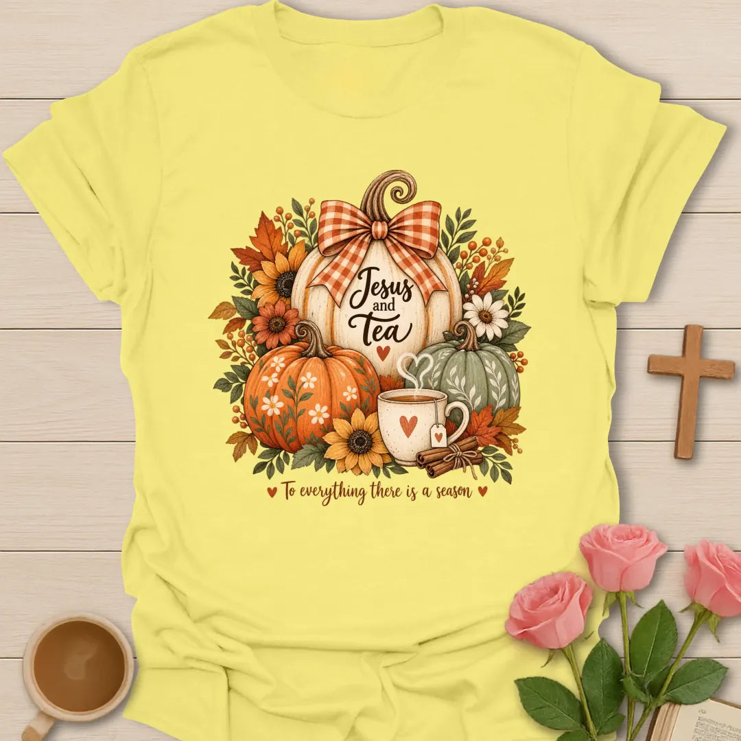 Pumpkin Tea Season t-shirt with cozy fall pumpkin and tea artwork and faith-inspired design - Cornsilk