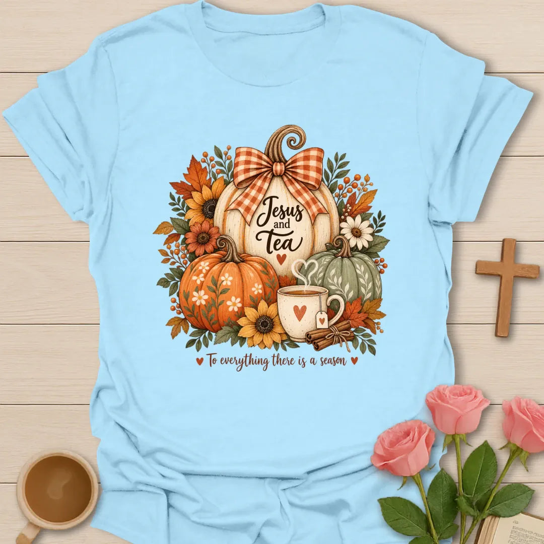 Pumpkin Tea Season t-shirt with cozy fall pumpkin and tea artwork and faith-inspired design - Light Blue