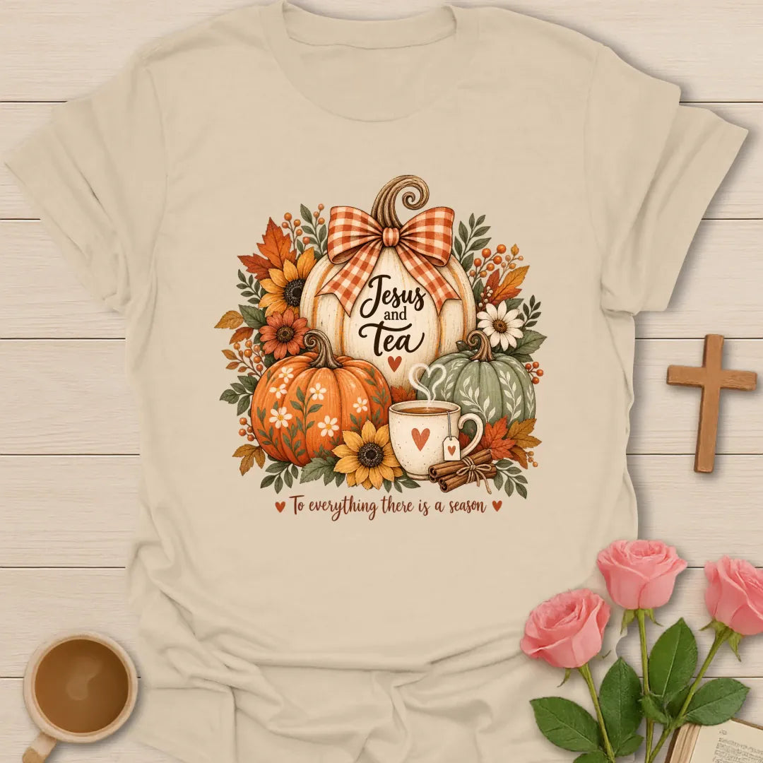 Pumpkin Tea Season t-shirt with cozy fall pumpkin and tea artwork and faith-inspired design - Sand